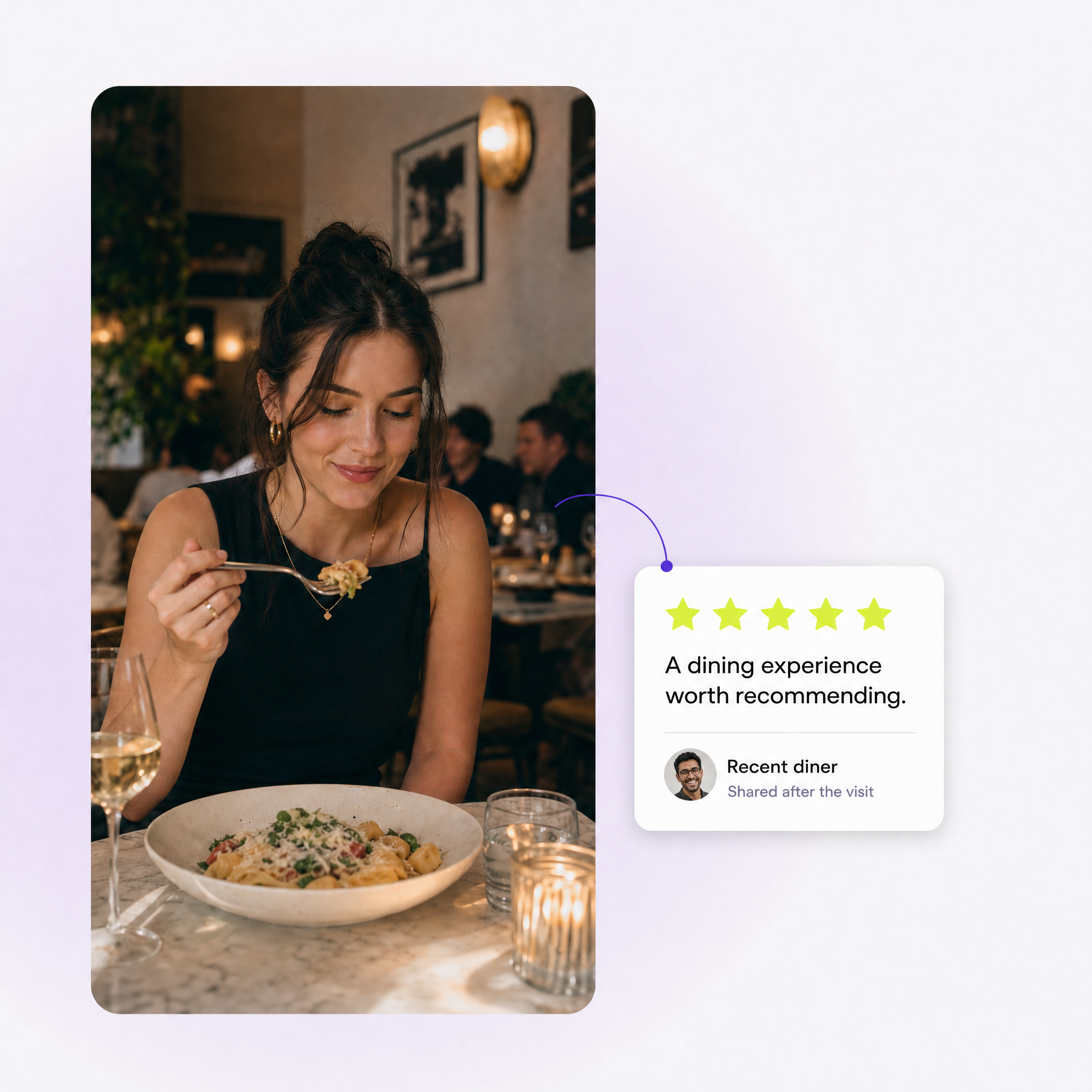 A diner mid-meal beside a five-star review shared after the visit